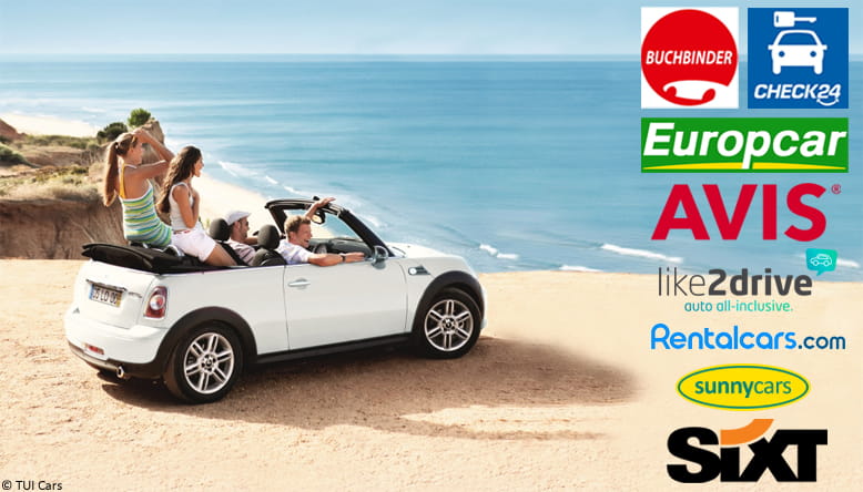 Mietwagen Anbieter Mietwagen am Strand und Logos von Anbietern
