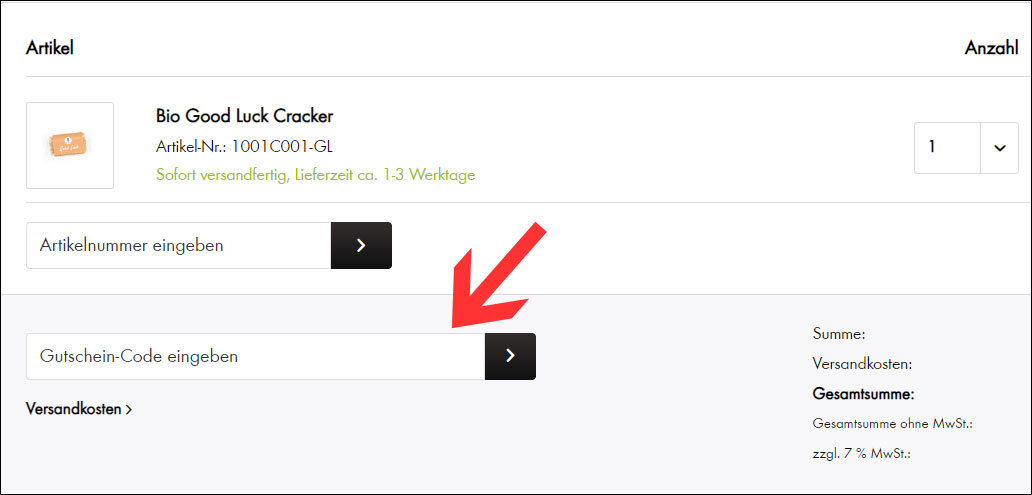 Code im Warenkorb einfügen 1001 Frucht Gutschein im Warenkorb eingeben