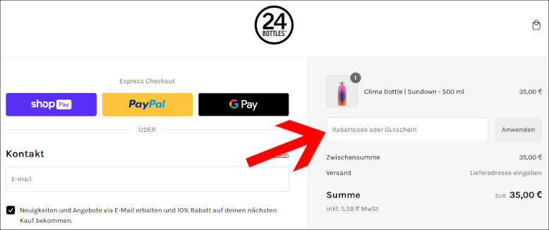 Deinen 24 Bottles Rabattcode nutzt du an der Kasse Den 24Bottles Rabattcode an der Kasse verwenden
