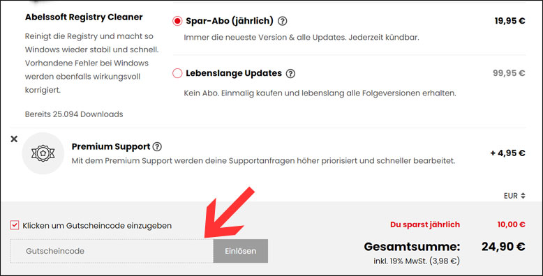 Code im Warenkorb eingeben Abelssoft Gutschein im Warenkorb nutzen