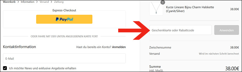 Den Gutscheincode löst du im Warenkorb ein Deinen Abbott Lyon Rabattcode im Warenkorb eingeben