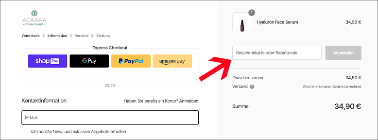 In diesem Feld kannst du den Gutschein anwenden Löse den MICARAA Rabattcode im ersten Bestellschritt ein