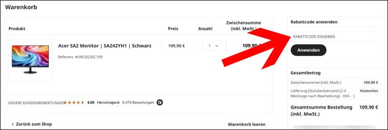 Gib deinen Acer Rabatt Code direkt im Warenkorb ein