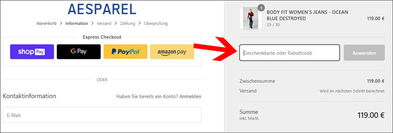 Deinen Aesparel Gutscheincode löst du in der Bestellübersicht ein Deinen Aesparel Gutscheincode löst du in der Bestellübersicht ein