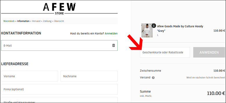 Im Bestellprozess kannst du den Afew Gutschein einlösen Im Bestellprozess kannst du den Afew Gutschein einlösen