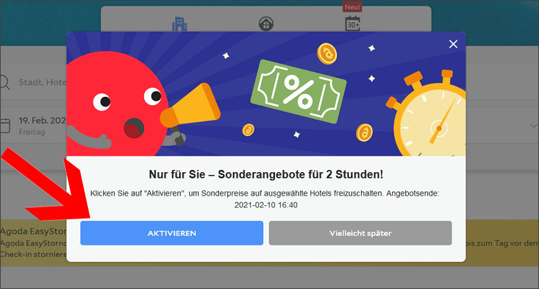 So aktivierst du den agoda Rabatt Der agoda Gutschein wird über das Pop-Up auf der Startseite aktiviert