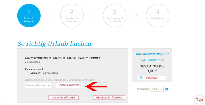 Rabattcode im Warenkorb anwenden aja Resort Gutschein im Warenkorb einlösen