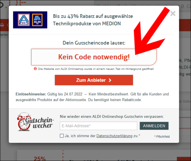 Aktion hier aktivieren ALDI Gutschein hier einlösen