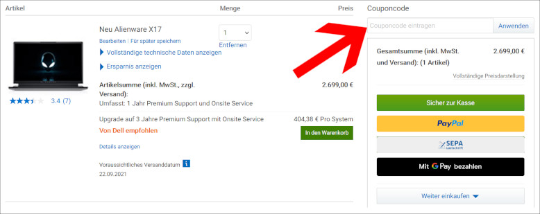Deinen Alienware Rabatt kannst du direkt im Warenkorb einlösen Den Alienware Gutschein im Warenkorb einlösen