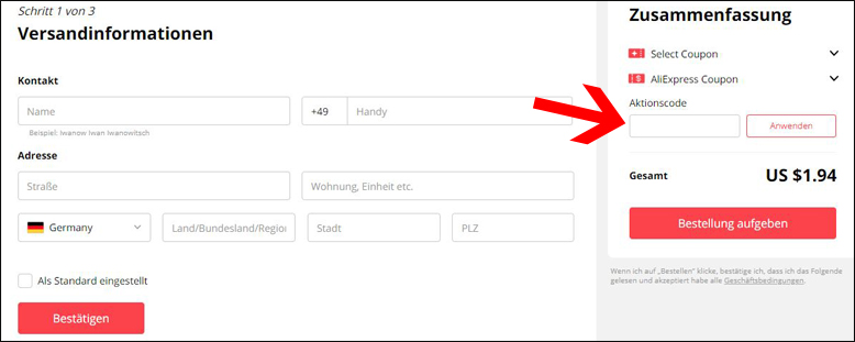 Gutscheincode hier einlösen AliExpress Gutschein im ersten Bestellschritt einlösen