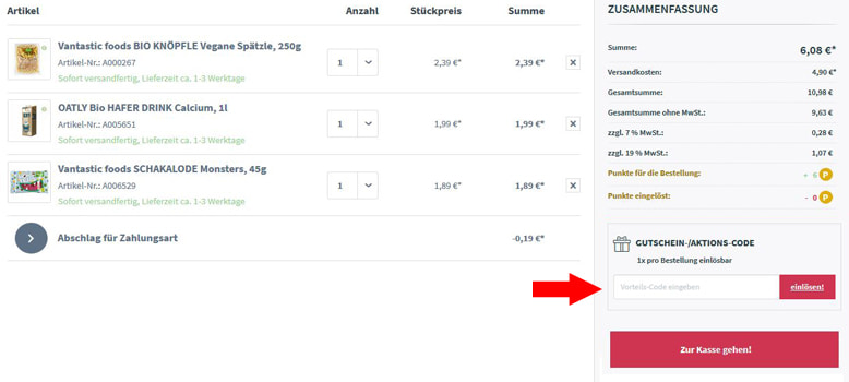 alles-vegetarisch Onlineshop Warenkorb Einen alles-vegetarisch Gutschein einlösen