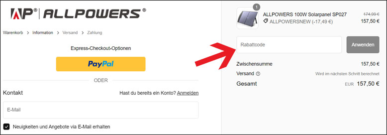 Den Code im zweiten Bestellschritt einfügen Den ALLPOWERS Gutschein im zweiten Bestellschritt eingeben