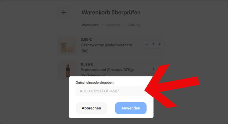 Hier kannst du deinen Rabattcode anwenden Den alpakas Gutschein im Warenkorb aktivieren