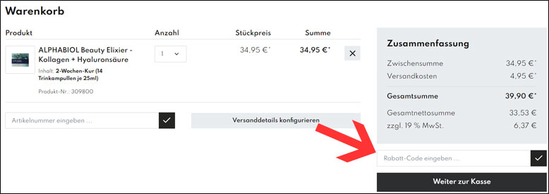 Code im Warenkorb einfügen Alphabiol Rabattcode im Warenkorb eingeben