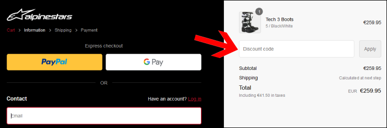 Discount Code eingeben Alpinestars Aktion im im Check-Out einlösen