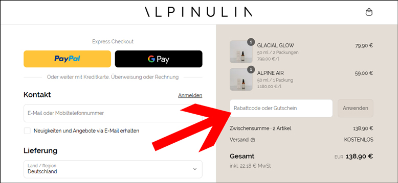 Gutscheincode an der Kasse einlösen Löse deinen Alpinulin Rabattcode an der Kasse einlösen