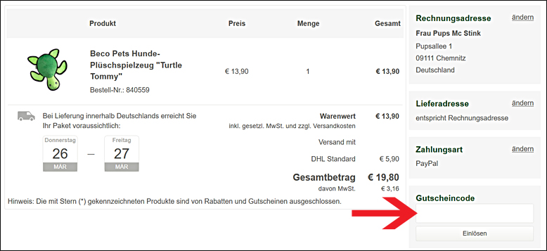 Den alsa Gutschein hier eingeben Den alsa Gutscheincode im Warenkorb einlösen