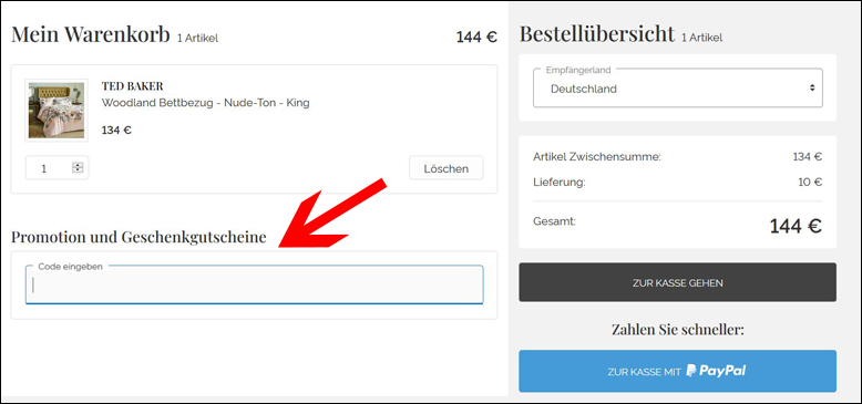 Der Gutscheincode kann im Warenkorb angegeben werden Amara Gutschein einfach im Warenkorb einlösen
