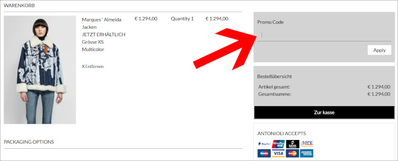 Einen ANTONIOLI Gutschein löst du im Warenkorb ein Den ANTONIOLI Code im Warenkorb eingeben