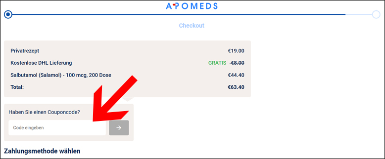 Den Apomeds Coupon Code in das Gutscheinfeld eingeben Einen Apomeds Gutschein im Checkout einlösen
