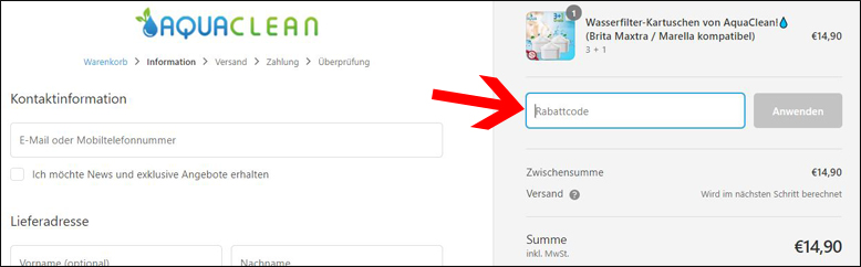 Den Aqua Clean Gutscheincode im ersten Bestellschritt eingeben Einen AquaClean Gutschein während der Bestellung einlösen