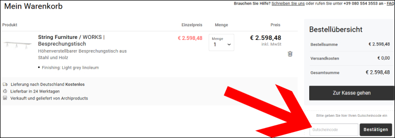 Code hier eingeben Archiproducts Gutschein im Warenkorb einlösen