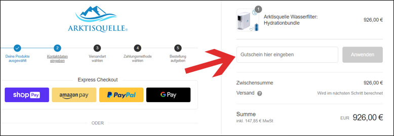 Code an der Kasse einfügen Den Arktisquelle Rabattcode an der Kasse eingeben