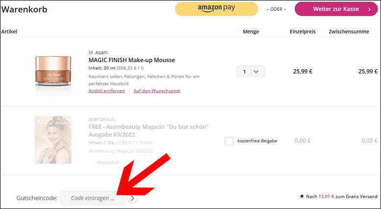 Löse deinen Rabattcode hier ein Deinen asambeauty Gutschein kannst du im Warenkorb einlösen