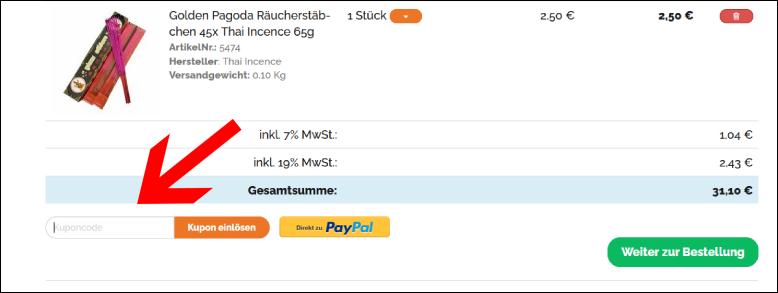 Hier deinen Gutschein einlösen Asia-In Coupon im Warenkorb einlösen
