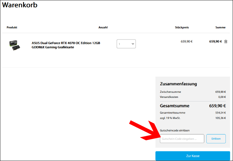 Gutschein-Code im Warenkorb eingeben ASUS Gutschein im Warenkorb einlösen