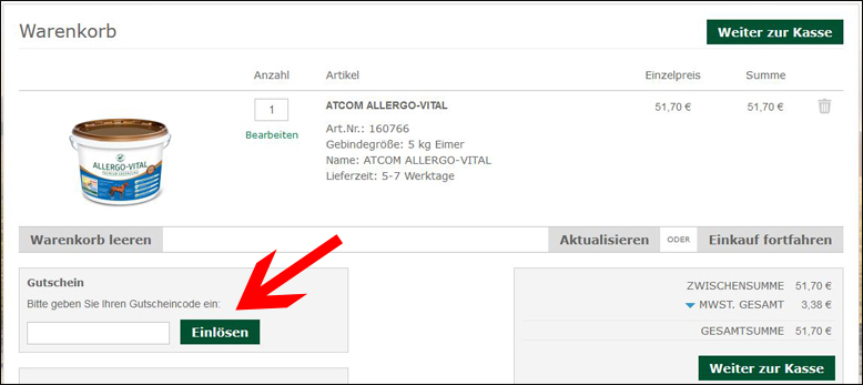 Den Gutscheincode eingeben Den Atcom Horse Gutschein einlösen
