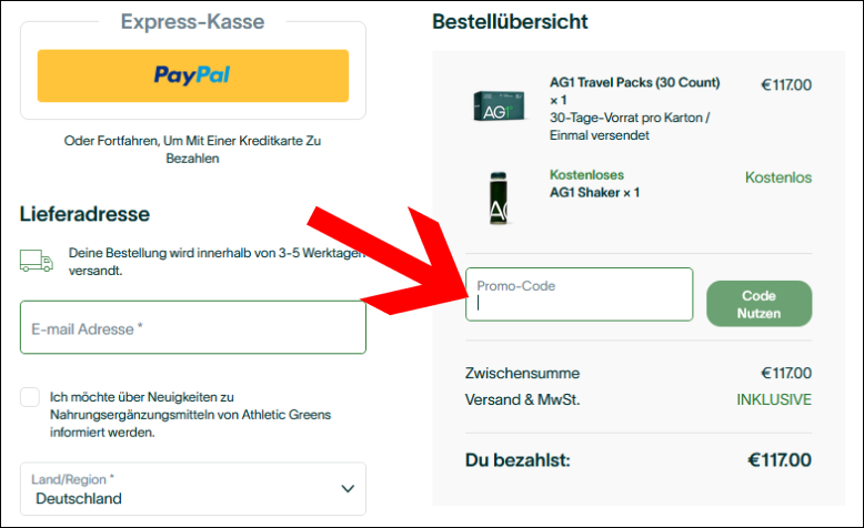 Promo-Code hier eingeben Deinen Athletic Greens Rabatt kannst du im Warenkorb einlösen