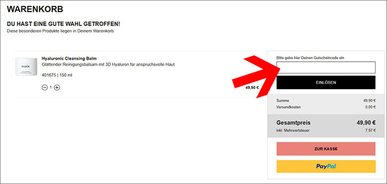 Im Warenkorb den BABOR Gutschein einlösen Den BABOR Gutschein im Warenkorb einlösen