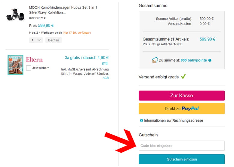 Aktiviere den babymarkt Gutscheincode im Warenkorb Deinen babymarkt Gutschein kannst du im Warenkorb einlösen