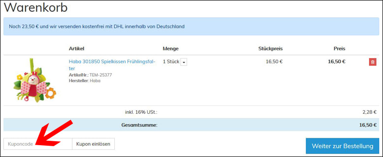 Hier kann der Kupon eingetragen werden Den Babyprofi Gutschein im Warenkorb aktivieren