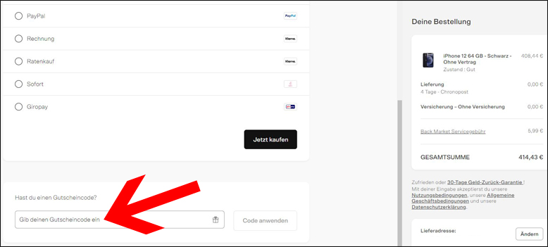 Gutscheincode eingeben Back Market Gutscheincode im Zahlvorgang einlösen