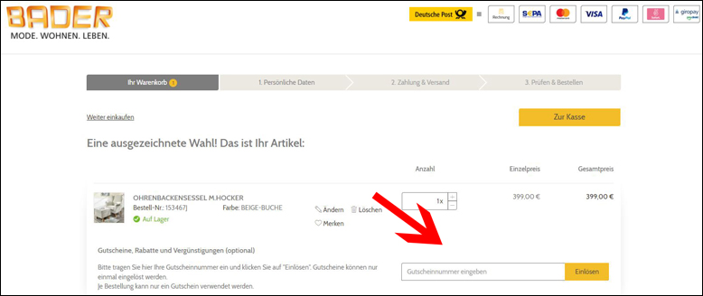 Deinen Rabattcode verwendest du im Warenkorb BADER Gutschein im Warenkorb einlösen