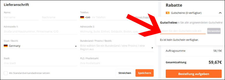 Gib den Code in das Feld ein Den Banggood Gutschein bitte an der Kasse einlösen