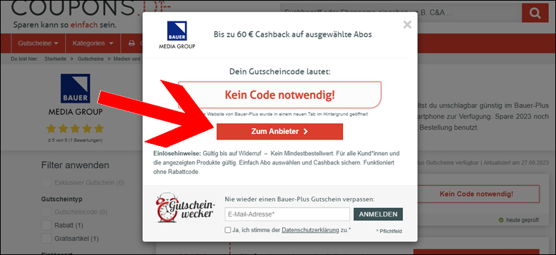 Klicke deinen Gutschein an und lass dich direkt zur Aktion weiterleiten Bauer-Plus Gutschein anklicken und direkt zur Aktion gelangen