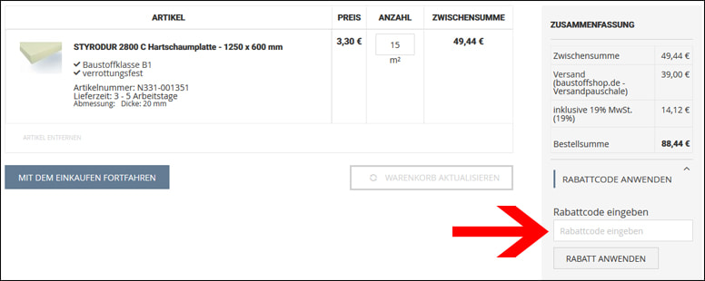 So wendest du deinen Baustoffshop.de Rabattcode im Warenkorb an So kannst du deinen Coupon im Warenkorb einlösen