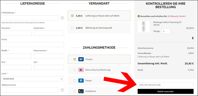 Hier kannst du den Rabattcode eintragen Der Beautyfashionshop Gutschein kann im Warenkorb eingelöst werden