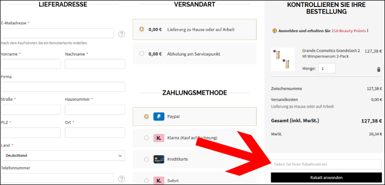 Gib den Code hier ein Beautyfashionshop Gutschein im Warenkorb einlösen