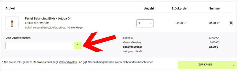 Der BeautyLove Gutscheincode wird im Warenkorb eingelöst BeautyLove Gutschein im Warenkorb einlösen