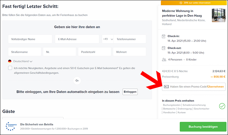 Belvilla Gutscheincode in der Kaufübersicht eintragen Löse deinen Belvilla Gutschein in der Kaufübersicht ein