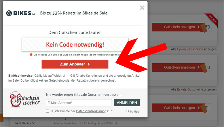 Rabatt wird über den Coupon automatisch aktiviert Bikes Deal mit einem Klick auf den Coupon aktivieren