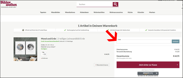Im Warenkorb kannst du deinen Bilderwelten Gutscheincode einlösen Löse den Bilderwelten Rabattcode direkt im Warenkorb ein