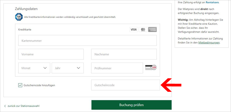 Gutscheincode hier eintragen billiger mietwagen Gutschein im 2. Buchungsschritt einlösen