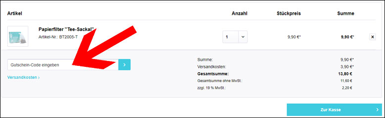Gutschein im Warenkorb einlösen Bioteaque Gutscheincode im Warenkorb einlösen