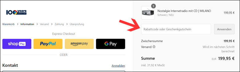 Rabattcode an der Kasse eingeben Blaupunkt Code an der Kasse einfügen