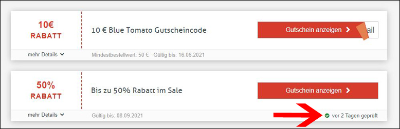 Wann wurde der Blue Tomato Gutschein das letzte Mal geprüft Der grüne Haken an einem Blue Tomato Gutschein
